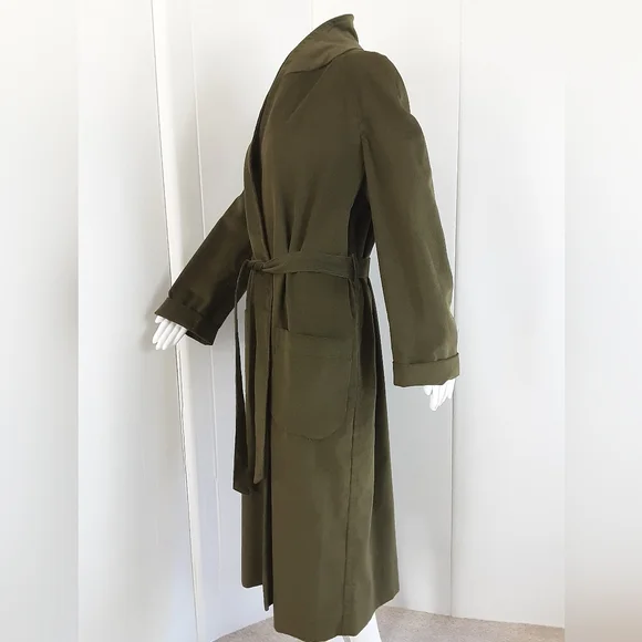 Green Corduroy 100% Cotton Shawl Collar Belted Open Front Pocket Long Coat Sz L - Picture 4 of 7